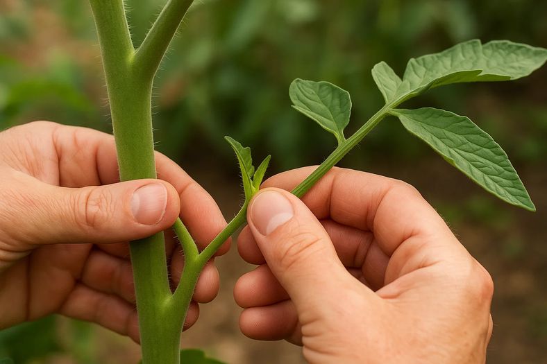 Demonstration of removing side-shoots from cordon tomato plants